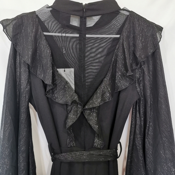 NWT Cien Black Metallic Ruffle Wide-Leg Jumpsuit Mesh Yoke Angel Sleeves Size L - Picture 7 of 11